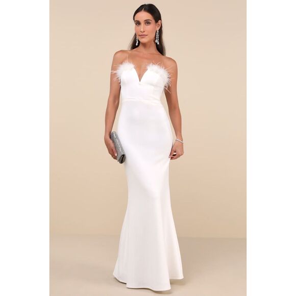 Lulus Extraordinary Glam White Feather Strapless Mermaid Maxi Dress Size Large - Picture 1 of 13